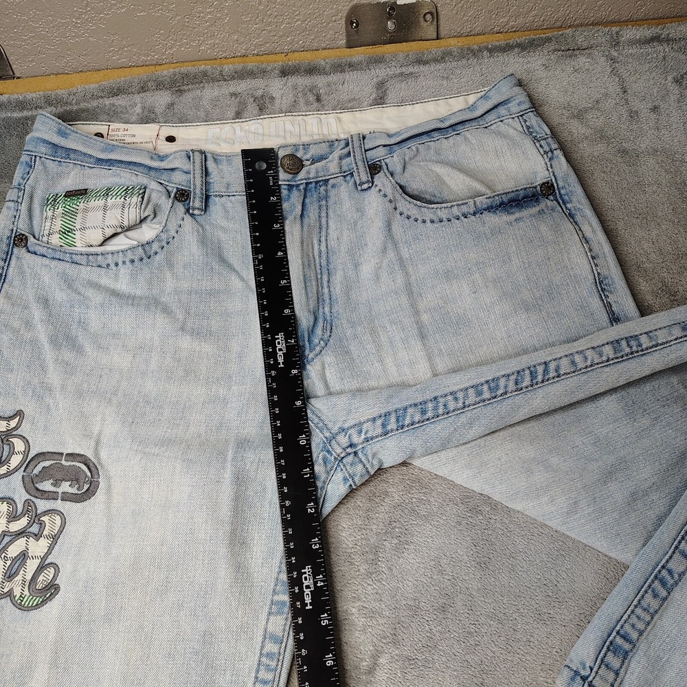 Ecko Unltd Jeans Mens 34x32 Blue Baggy Loose Fit Y2K Skater Embroidered Wide Leg - Picture 12 of 16
